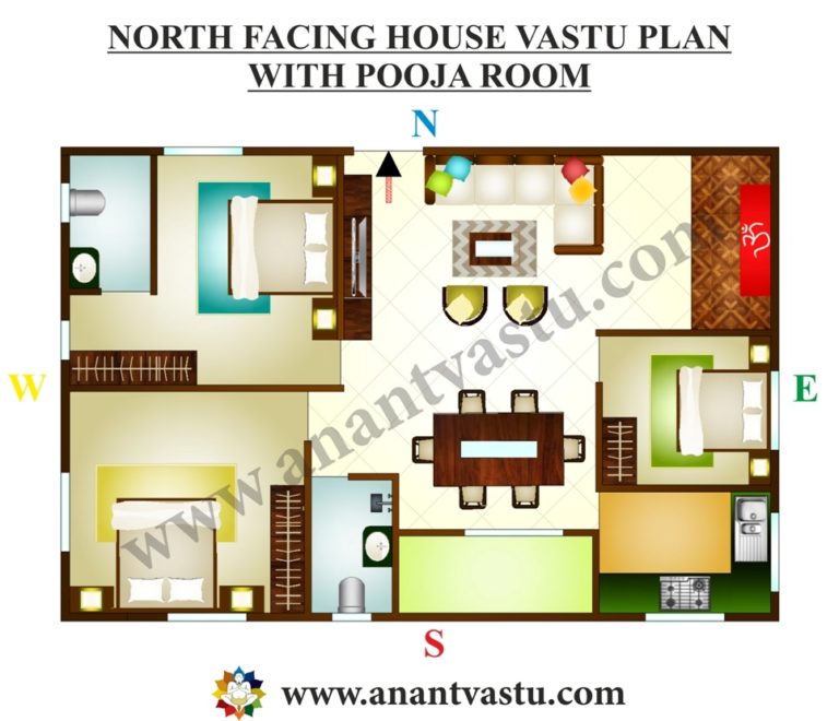 The above image indicates a North facing house Vastu plan with Pooja room. 